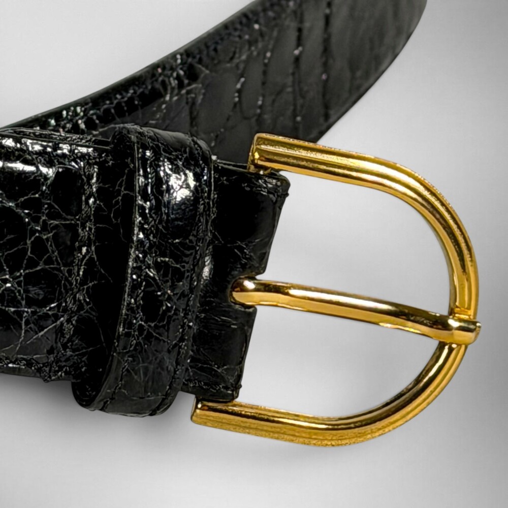 Vintage Erreghè Italy Genuine Crocodile Black Belt Gold Horseshoe Buckle